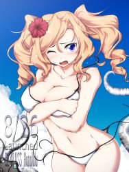 Rule 34 | 1girl, 547th sy, bikini, blonde hair, blue eyes, blush, breasts, character name, cleavage, cloud, covering privates, covering breasts, dated, day, drill hair, enemy naval mine (kancolle), flower, hair between eyes, hair flower, hair ornament, halterneck, hibiscus, highres, honolulu (kancolle), kantai collection, large breasts, long hair, one eye closed, outdoors, red flower, side-tie bikini bottom, sky, solo focus, string bikini, swimsuit, tentacles, twin drills, untied bikini, white bikini