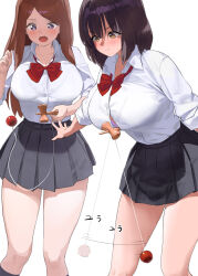 Rule 34 | 2girls, :o, black hair, black skirt, black socks, blush, bow, bowtie, bra, breasts, brown eyes, brown hair, closed mouth, collared shirt, commentary request, kaisen chuui, kneehighs, large breasts, long sleeves, multiple girls, open mouth, original, pleated skirt, purple bra, red bow, red bowtie, school uniform, shirt, shirt tucked in, simple background, skirt, smile, socks, thighs, underwear, white background, white shirt