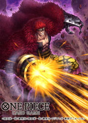 Rule 34 | 1boy, abs, clenched teeth, coat, collarbone, commentary request, english text, eustass kid, fur coat, goggles, goggles on head, male focus, mechanical arms, official art, one piece, one piece card game, red hair, scar, scar across eye, scar on chest, scar on face, short hair, smile, solo, tatsuya (atelier road), teeth, translation request