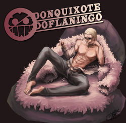 Rule 34 | 1boy, absurdres, blonde hair, character name, donquixote doflamingo, donquixote pirates, highres, jolly roger, male focus, one piece, open clothes, open shirt, shirt, solo, sunglasses