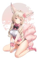 Rule 34 | 1girl, absurdres, animal ear fluff, animal ears, black panties, blade &amp; soul, breasts, brown eyes, brown hair, flower, fox ears, fox tail, hair flower, hair ornament, high heels, highres, keibeam, legs, long hair, low twintails, lyn (blade &amp; soul), multiple tails, navel, no pants, own hands together, panties, red footwear, rose, shirt, shoes, sitting, smile, solo, tail, thighs, twintails, underwear, v arms, white shirt, wrist cuffs