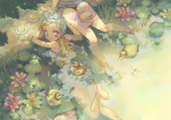 Rule 34 | 2girls, anklet, bad id, bad pixiv id, bare legs, bare shoulders, barefoot, bird, blonde hair, bug, casual one-piece swimsuit, cup, dragonfly, duck, feet, flower, food, from above, head scarf, highres, bug, jewelry, lily pad, long hair, looking back, lotus, multiple girls, nature, one-piece swimsuit, open mouth, original, purple eyes, sandwich, sitting, smile, soaking feet, soles, submerged, swimsuit, tairano juuichi, teacup, toes, tree shade, water