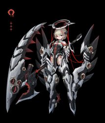 Rule 34 | 1girl, bare shoulders, black background, closed mouth, donxxxs, foot wings, grey eyes, hair between eyes, halo, heterochromia, high heels, highres, holding, holding scythe, holding weapon, huge weapon, mecha musume, mechanical halo, original, red eyes, scar, scar on leg, scythe, short hair, simple background, solo, weapon, wings