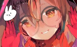 Rule 34 | 1girl, brown eyes, brown hair, close-up, glasses, gloves, hair over one eye, hololive, looking at viewer, megaron, open hands, red gloves, roboco-san, round eyewear, smile, solo, teardrop-framed glasses, virtual youtuber