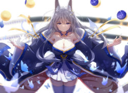 Rule 34 | 1girl, animal ear fluff, animal ears, azur lane, blue butterfly, blue kimono, breasts, bug, butterfly, check commentary, cleavage, commentary request, fox ears, highres, insect, japanese clothes, katana, kimono, kitsune, large breasts, linkf, moon phases, off shoulder, purple eyes, shinano (azur lane), skirt, skirt under kimono, sword, thighhighs, weapon, white skirt, white thighhighs
