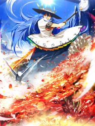 Rule 34 | 1girl, bird, black hat, blouse, blue hair, bow, bowtie, character name, cloud, colorful, copyright name, feathers, female focus, fire, flaming sword, flaming weapon, food, fruit, hair between eyes, hat, highres, hinanawi tenshi, long hair, open mouth, peach, red bow, red bowtie, red eyes, shirt, siirakannu, smile, solo, sun, sword of hisou, touhou, very long hair, weapon, white shirt