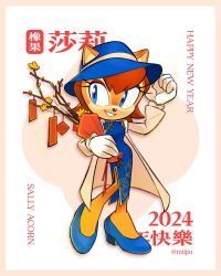 Rule 34 | 1girl, animal ears, artist name, blue eyes, blue footwear, blue hat, brown fur, character name, dated, eyelashes, full body, gloves, happy new year, hat, high heels, highres, jacket, long sleeves, miijiu, new year, open clothes, open jacket, red hair, sally acorn, smile, solo, sonic (series), white gloves