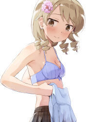 Rule 34 | 1girl, bare arms, bare shoulders, blush, bow, bow bra, bra, breasts, brown eyes, brown hair, brown skirt, camisole, camisole removed, cleavage, closed mouth, earrings, flower, hair flower, hair ornament, highres, holding, idolmaster, idolmaster cinderella girls, jewelry, long hair, morikubo nono, pink flower, pleated skirt, purple bra, ringlets, seneto, simple background, skirt, small breasts, smile, solo, stud earrings, underwear, white background, white camisole