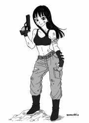 Rule 34 | 1girl, artist name, bandages, belt, black eyes, black hair, boots, bra, dirty, dirty clothes, dirty face, dragon ball, fingerless gloves, fingernails, gloves, greyscale, gun, happy, long hair, looking at viewer, mai (dragon ball), monochrome, pants, simple background, smile, solo, solo focus, sports bra, standing, underwear, weapon, white background