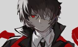 Rule 34 | 1boy, absurdres, bandage over one eye, bandaged neck, bandages, black coat, black hair, black necktie, bungou stray dogs, closed mouth, coat, collared shirt, dazai osamu (bungou stray dogs), grey background, highres, jellyfish sz, looking at viewer, male focus, necktie, one eye covered, red eyes, shirt, short hair, solo, upper body, white shirt