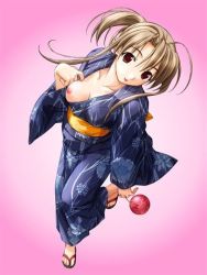 Rule 34 | 1girl, ahoge, blue kimono, breasts, brown hair, collarbone, eyebrows, japanese clothes, kimono, long hair, looking at viewer, lowres, medium breasts, nipples, one breast out, open clothes, parted lips, pia carrot (series), pia carrot e youkoso!! 3, purple eyes, sandals, simple background, solo, standing, standing on one leg, takai sayaka, yukata, zouri