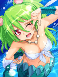 Rule 34 | 1girl, ;d, benimura karu, blush, breasts, clam, cleavage, collarbone, green hair, hair ornament, karukaru, long hair, looking at viewer, mermaid, monster girl, muromi-san, namiuchigiwa no muromi-san, navel, one eye closed, open mouth, red cal, red eyes, seashell, shell, smile, solo, two side up, v, v over eye, very long hair, wink