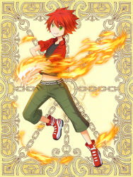 Rule 34 | 1boy, black shirt, chain, collared shirt, commentary request, fire, full body, green eyes, green pants, grin, kerberos blade, looking at viewer, magic, male focus, midriff, natsuya (kuttuki), navel, open clothes, open shirt, pants, red footwear, red hair, red shirt, shirt, shoes, short hair, smile, sneakers, solo, yellow background