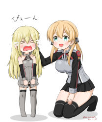 Rule 34 | 2girls, aged down, anchor hair ornament, aqua eyes, armor, bismarck (kancolle), black legwear, black panties, black skirt, blonde hair, breastplate, commentary request, cross, crying, dated, detached sleeves, grey legwear, hair ornament, hand on another&#039;s head, headpat, iron cross, kantai collection, kneeling, long hair, low twintails, masara (chuujou), microskirt, military, military uniform, multiple girls, panties, pleated skirt, prinz eugen (kancolle), simple background, skirt, thighhighs, twintails, twitter username, underwear, uniform, white background