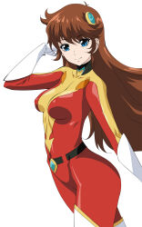 Rule 34 | 1girl, aoi nagisa (metalder), blue eyes, bodysuit, breasts, brown hair, closed mouth, covered navel, elbow gloves, gloves, highres, large breasts, looking at viewer, maria grace fleed, mazinger (series), red bodysuit, simple background, smile, solo, ufo robo grendizer, white background, white gloves