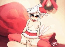 Rule 34 | 1boy, 1girl, 2018, animated, animated gif, bell, bottomless, bouncing breasts, breasts, breasts apart, christmas, collar, colo (nagrolaz), eyelashes, fur trim, hat, hetero, inkling, looking down, marie (splatoon), mole, mole under eye, navel, neck bell, nintendo, nipples, orange eyes, penis, pointy ears, pussy, red skirt, red thighhighs, reverse cowgirl position, santa hat, sex, sex from behind, short hair, silver hair, skirt, small breasts, solo focus, splatoon (series), splatoon 1, spread legs, stomach, straddling, tentacle hair, thighhighs, uncensored, vaginal