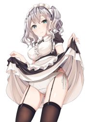 Rule 34 | 10s, 1girl, apron, black dress, black thighhighs, blush, breasts, closed mouth, clothes lift, dress, frilled apron, frills, garter straps, green eyes, groin, hands up, haruno suzune, hip focus, kantai collection, kashima (kancolle), lace trim, large breasts, lifted by self, long hair, looking at viewer, maid, panties, puffy short sleeves, puffy sleeves, short sleeves, side-tie panties, silver hair, simple background, skirt, skirt lift, smile, solo, thighhighs, thighs, tsurime, twintails, underbust, underwear, wavy hair, white background, white panties