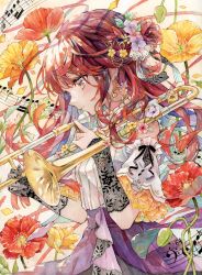 Rule 34 | 1girl, asymmetrical gloves, closed mouth, detached sleeves, earrings, flower, flower request, from side, gloves, hair flower, hair ornament, highres, holding, holding instrument, instrument, jewelry, long hair, musical note, original, painting (medium), red flower, red hair, short sleeves, smile, traditional media, trombone, watercolor (medium), yellow flower, yukoring