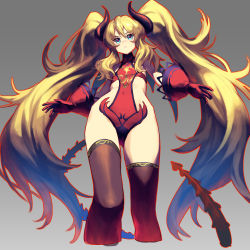 Rule 34 | 1girl, blonde hair, blue eyes, chyko, demon girl, demon horns, demon tail, feet out of frame, flat chest, foreshortening, from below, gloves, grey background, highres, horns, long hair, looking at viewer, looking down, original, outline, parted lips, red gloves, red outline, red pupils, simple background, solo, tail, thighhighs, twintails, very long hair