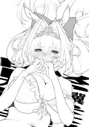 Rule 34 | 1girl, alternate hairstyle, animal ears, bikini, blush, borrowed hairstyle, bow, breasts, chinese text, cinnamiku hairstyle, cinnamoroll, collarbone, commentary, covering own mouth, daiwa scarlet (umamusume), embarrassed, frilled bikini, frills, greyscale, hair between eyes, hair bow, hair intakes, hair up, highres, horse ears, horse girl, large breasts, looking at viewer, lying, monochrome, navel, on back, sanrio, sketch, solo, swimsuit, symbol-only commentary, tiara, umamusume, upper body, xiaoluo xl