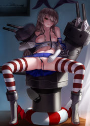Rule 34 | 10s, 1girl, :3, anchor, bad id, bad pixiv id, black panties, blonde hair, breasts, brown eyes, drawing (object), elbow gloves, female pubic hair, gloves, hair ornament, hair over one eye, hairband, highres, innertube, kantai collection, lips, long hair, looking at viewer, nipples, panties, parted lips, pubic hair, rail (silverbow), rensouhou-chan, shimakaze (kancolle), side-tie panties, sitting, skirt, small breasts, solo, spread legs, striped clothes, striped thighhighs, swim ring, thighhighs, thong, unbuttoned, underwear, undone, untied panties, upskirt, white gloves