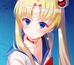 Rule 34 | 1girl, absurdres, bishoujo senshi sailor moon, blonde hair, blue eyes, blue sailor collar, blush, breasts, choker, cleavage, clenched teeth, collarbone, crescent, crescent earrings, derivative work, diadem, earrings, hair bun, heart, heart choker, highres, jewelry, kano (wi3028), long hair, meme, red choker, sailor collar, sailor moon, sailor moon redraw challenge (meme), sailor senshi, sailor senshi uniform, screenshot redraw, single hair bun, solo, teeth, tsukino usagi, twintails, upper body