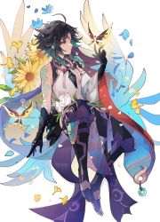 Rule 34 | 1boy, ahoge, black hair, chinese clothes, commentary, emmikn, english commentary, flower, genshin impact, green hair, hair between eyes, highres, jewelry, multicolored hair, necklace, short hair, solo, sunflower, tattoo, white background, xiao (genshin impact), yellow eyes