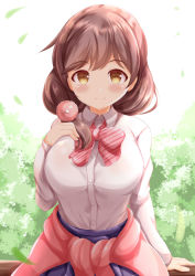 Rule 34 | 1girl, backlighting, blue skirt, blush, breasts, brown eyes, brown hair, character request, closed mouth, clothes around waist, collared shirt, commentary request, dress shirt, hand up, highres, long hair, long sleeves, looking at viewer, medium breasts, ongeki, pleated skirt, shirt, skirt, smile, solo, white shirt, xenon (for achieve)