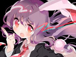 Rule 34 | 1girl, :o, animal ears, black background, black jacket, blazer, collared shirt, commentary, index finger raised, jacket, long hair, long sleeves, looking at viewer, mikako chan3, necktie, open mouth, pink skirt, purple hair, rabbit ears, rabbit girl, rabbit tail, red necktie, reisen udongein inaba, shirt, simple background, skirt, solo, tail, touhou, white shirt
