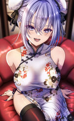 Rule 34 | 1girl, alternate costume, alternate hairstyle, bare shoulders, black nails, blue hair, blurry, blurry background, blush, breasts, bun cover, china dress, chinese clothes, collarbone, couch, covered erect nipples, crossed bangs, double bun, dress, eyelashes, floral print, hair between eyes, hair bun, hair intakes, hair ornament, highres, idolmaster, idolmaster shiny colors, indoors, koya (koya x 00), large breasts, long bangs, long hair, looking at viewer, loose hair strand, no bra, on couch, open mouth, print dress, purple eyes, side slit, sidelocks, signature, sitting, sleeveless, sleeveless dress, smile, solo, suzuki hana, teeth, thighhighs