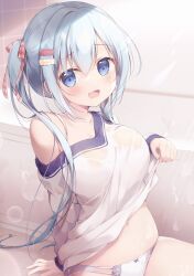 Rule 34 | 1girl, :d, bare shoulders, bath, bathroom, bathtub, blue eyes, blue hair, blush, bow, bow panties, breasts, clothes lift, commentary request, hair between eyes, hair bow, hair ornament, hairclip, indoors, lifting own clothes, long hair, looking at viewer, medium breasts, miyasaka naco, navel, off shoulder, open mouth, original, panties, plaid, plaid bow, red bow, see-through, shirt, shirt lift, side ponytail, sidelocks, sitting, smile, solo, tile wall, tiles, underwear, very long hair, wet, wet clothes, wet shirt, white panties, white shirt