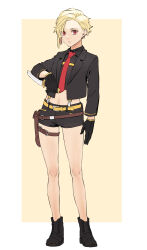 Rule 34 | 1girl, absurdres, ankle boots, belt, black footwear, black gloves, black jacket, black shirt, boots, border, brown belt, closed mouth, cropped jacket, cropped shirt, dagger, full body, gloves, highres, holding, holding dagger, holding knife, holding weapon, holster, jacket, knife, leo (reiga), looking at viewer, midriff, navel, necktie, original, red eyes, red necktie, reiga (act000), reverse grip, shirt, short hair, short shorts, shorts, simple background, solo, standing, suspender shorts, suspenders, weapon, white border, yellow background, yellow belt