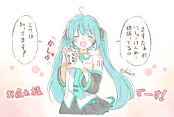 Rule 34 | 1girl, :d, ahoge, armpit crease, bare shoulders, belt, black skirt, black sleeves, blue hair, blush stickers, breast pocket, can, closed eyes, collared shirt, commentary request, cropped legs, detached sleeves, facing viewer, gradient background, green necktie, hair tie, hatsune miku, heart, heart ahoge, highres, holding, holding can, long bangs, long hair, long sleeves, loose belt, necktie, number tattoo, open mouth, painting (medium), pleated skirt, pocket, sa-fu (sfmk39), shirt, sidelocks, skirt, smile, solo, tattoo, traditional media, translation request, twintails, twitter username, very long hair, vocaloid, watercolor (medium), white background, white shirt, wing collar