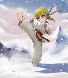 Rule 34 | 1girl, absurdres, bandaged wrist, bandages, barefoot, belt, chinese commentary, clenched hand, closed mouth, commentary request, dougi, feet, full body, green eyes, green hair, headband, highres, kuma-bound, low twintails, martial arts belt, original, outdoors, pants, red belt, short twintails, snow, snowing, soles, solo, standing, standing on one leg, toes, twintails, v-shaped eyebrows, white headband, white pants
