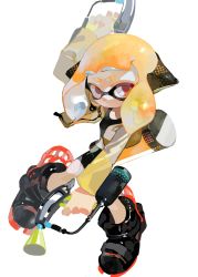 Rule 34 | 1girl, agent 4 (splatoon), arm up, aspara, bike shorts, black footwear, black shirt, black shorts, blunt bangs, boots, closed mouth, commentary, dual wielding, english commentary, full body, headgear, hero dualies (splatoon), holding, holding weapon, ink tank (splatoon), inkling, inkling girl, inkling player character, jacket, light frown, long sleeves, looking at viewer, medium hair, nintendo, open clothes, open jacket, orange hair, pointy ears, shirt, shorts, simple background, solo, splatoon (series), splatoon 2, squidbeak splatoon, standing, tank top, weapon, white background, yellow jacket