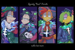 Rule 34 | 4boys, absurdres, animal, bird, bow, bowtie, chicken, disney, dog, ghostly clothes, goofy, halloween, halloween costume, hat, highres, holding, holding clothes, holding hat, jose carioca, male focus, mariachi, max goof, mokonako, multiple boys, panchito pistoles, parrot, pirate costume, pirate hat, rooster, sombrero, torn clothes, vampire costume