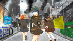 Rule 34 | 3girls, absurdres, aircraft, armband, assault rifle, backpack, bag, black hair, blue hair, building, car, fence, fire, first aid kit, gun, hair tie, headset, helicopter, highres, kneehighs, m4 carbine, miniskirt, motor vehicle, multiple girls, new york city, orange hair, original, parody, pouch, rifle, short hair, sign, skirt, smoke, socks, tom clancy, tom clancy&#039;s the division, twintails, vehicle, weapon, youzi rui