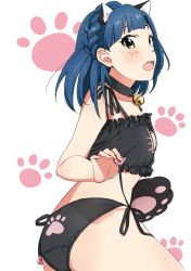 Rule 34 | 10s, 1girl, animal ears, bad id, bad pixiv id, bell, blue hair, blush, breasts, cat cutout, cat ears, cat lingerie, cleavage cutout, clothing cutout, from side, idolmaster, idolmaster million live!, jingle bell, looking at viewer, meme attire, mirin (youton jou), nanao yuriko, panties, short hair, side-tie panties, smile, solo, underwear, underwear only, yellow eyes