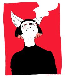 Rule 34 | 1boy, animal ear fluff, animal ears, artist name, black hair, black sweater, blood, body fur, cigarette, closed mouth, colored inner hair, commentary request, fox boy, fox ears, furry, furry male, highres, limited palette, looking up, male focus, multicolored hair, nosebleed, original, red background, red eyes, red hair, sasamichr, simple background, slit pupils, smoke trail, smoking, solo, sweater, turtleneck, turtleneck sweater, upper body