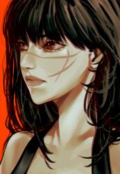 Rule 34 | 1girl, absurdres, black hair, black tank top, brown eyes, chainsaw man, cross scar, facial scar, highres, long hair, looking to the side, red background, ringed eyes, scar, scar on cheek, scar on face, simple background, snowberryaki, solo, tank top, yoru (chainsaw man)