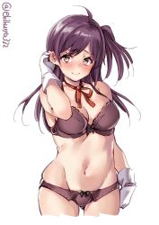 Rule 34 | 1girl, ahoge, arm up, bare shoulders, blush, bow, bow bra, bow panties, bra, breasts, brown eyes, closed mouth, collarbone, commentary request, cowboy shot, cropped legs, ebifurya, gloves, gluteal fold, groin, hagikaze (kancolle), hair between eyes, highres, kantai collection, large breasts, long hair, looking at viewer, navel, one-hour drawing challenge, one side up, panties, purple bra, purple hair, purple panties, red neckwear, red ribbon, ribbon, simple background, skindentation, solo, standing, twitter username, underwear, underwear only, white background, white gloves