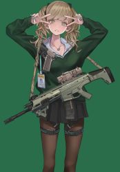 Rule 34 | 1girl, adaptive combat rifle, angled foregrip, aqua nails, arms up, assault rifle, black skirt, blonde hair, buckle, collarbone, double v, ear piercing, earrings, feet out of frame, fingernails, folding stock, green background, green eyes, green sweater, gun, gun sling, gyaru, handgun, highres, holster, holstered, id card, jewelry, koh (minagi kou), lanyard, long fingernails, long hair, long sleeves, looking at viewer, m1911, magazine (weapon), miniskirt, mole, mole on body, mole under eye, nail polish, necklace, original, pantyhose, piercing, pistol, pleated skirt, pursed lips, rifle, ring, ring necklace, school uniform, serafuku, simple background, skirt, sling (weapon), solo, stock (firearm), sweater, thigh strap, twintails, v, v over eye, wavy hair, weapon
