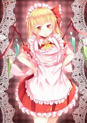 Rule 34 | 1girl, :3, alternate costume, apron, blush, breasts, cowboy shot, enmaided, flandre scarlet, frilled apron, frilled skirt, frilled sleeves, frills, hands on own hips, head tilt, highres, kanzakietc, looking at viewer, maid, maid apron, maid headdress, orange eyes, plaid, plaid background, red eyes, red shirt, red skirt, shirt, skirt, small breasts, smile, solo, touhou, vest, wings