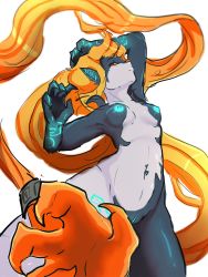 Rule 34 | 1girl, asikku, breasts, colored sclera, colored skin, glowing markings, heart, highres, long hair, midna, multicolored skin, nintendo, nipples, orange hair, ponytail, pussy, red eyes, signature, the legend of zelda, two-tone skin, uncensored, yellow sclera