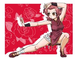 Rule 34 | 1girl, alternate hairstyle, arm up, bandaged leg, bandages, bloomers, border, bracer, brown eyes, bun cover, china dress, chinese clothes, commentary, double bun, dress, fighting stance, flats, floral background, floral print, girls und panzer, hair bun, hair up, high collar, leaning to the side, looking to the side, medium hair, outside border, parted lips, print dress, purple dress, purple footwear, red background, red hair, rosehip (girls und panzer), short dress, silhouette, sleeveless, sleeveless dress, solo, squatting, takahashi kurage, underwear, white border
