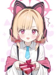 Rule 34 | 1girl, ^^^, animal ear headphones, animal ears, blonde hair, blue archive, blue necktie, blush, bow, box, cat ear headphones, chestnut mouth, collared shirt, drop shadow, fake animal ears, giving, hair bow, halo, headphones, heart-shaped box, highres, jacket, long sleeves, looking at viewer, low-tied sidelocks, momoi (blue archive), necktie, off shoulder, open mouth, p-gnesium, pink eyes, pink halo, pink jacket, red bow, second-party source, shirt, short hair, smile, solo, suspenders, two-sided fabric, two-sided jacket, upper body, white jacket, white shirt