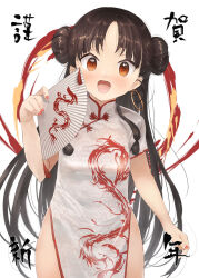 Rule 34 | 1girl, alternate hairstyle, black hair, breasts, brown eyes, china dress, chinese clothes, double bun, dress, earrings, folding fan, hair bun, hand fan, highres, holding, holding fan, hoop earrings, jewelry, kantai collection, long hair, looking at viewer, nisshin (kancolle), official alternate costume, open mouth, red nails, short eyebrows, short sleeves, small breasts, solo, standing, thick eyebrows, toka (marchlizard), very long hair, white dress
