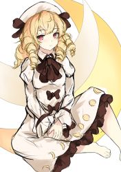 Rule 34 | 1girl, barefoot, black bow, blonde hair, bow, bowtie, dress, drill hair, expressionless, fairy wings, foot out of frame, hat, highres, light blush, long sleeves, looking at viewer, luna child, orchid (orukido), red eyes, sitting, solo, touhou, white dress, white hat, wings