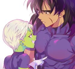 Rule 34 | 1boy, 1girl, abs, black eyes, black hair, bodysuit, broly (dragon ball super), cheelai, clenched teeth, close-up, colored skin, dark skin, dark-skinned male, dragon ball, dragon ball super, dragon ball super broly, facial scar, finger to another&#039;s chest, from above, gloves, green skin, grin, inzup, looking at another, looking down, looking up, parted lips, pectorals, profile, purple bodysuit, purple eyes, scar, scar on cheek, scar on face, shaded face, short hair, simple background, smile, sweatdrop, teeth, upper body, white background, white gloves, white hair
