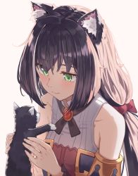 Rule 34 | 1girl, animal, animal ear fluff, animal ears, bare shoulders, black hair, blush, cat, cat ears, cchhii3, closed eyes, detached sleeves, eyebrows hidden by hair, green eyes, highres, holding, holding animal, holding cat, karyl (princess connect!), long hair, looking at animal, low twintails, princess connect!, simple background, smile, solo, twintails, white background